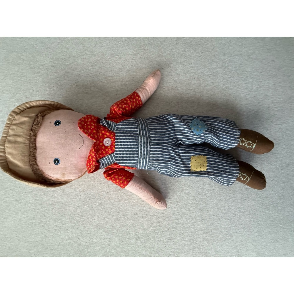 Vintage Knickerbocker Rag Doll 16 Inch Cloth Boy Overalls Star Shirt Hat